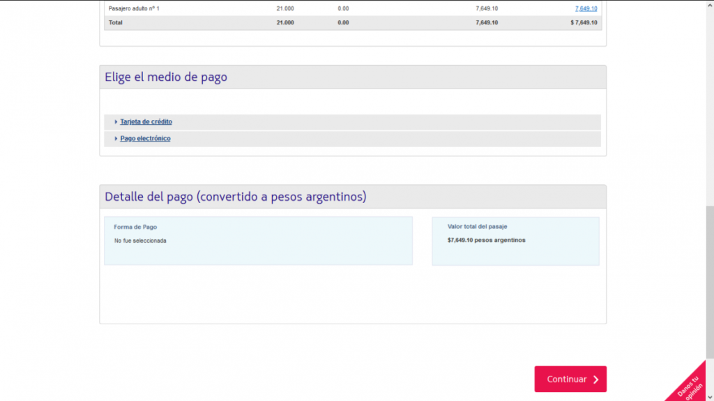 Parte inferior de la pantalla de pago en el sitio web de LATAM Argentina