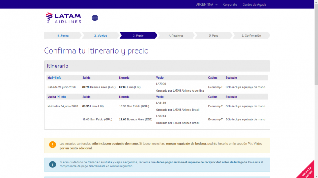 Pantalla de confirmación de itinerario y precios