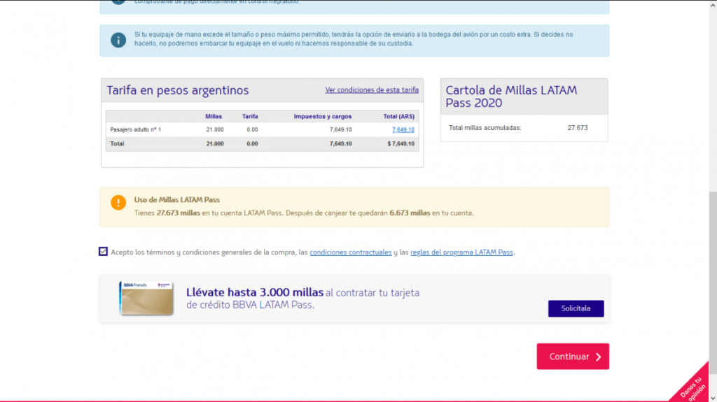 Pantalla de pago en el sitio web de LATAM Argentina, la pantalla muestra los datos de la transacción, como el número de millas y tarifas.