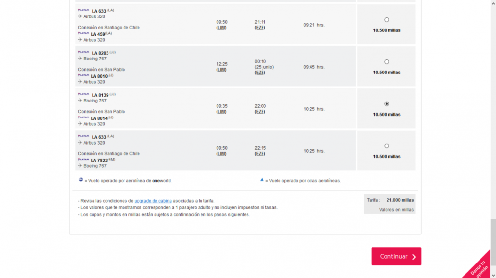 Pantalla con vuelos disponibles para la fecha seleccionada